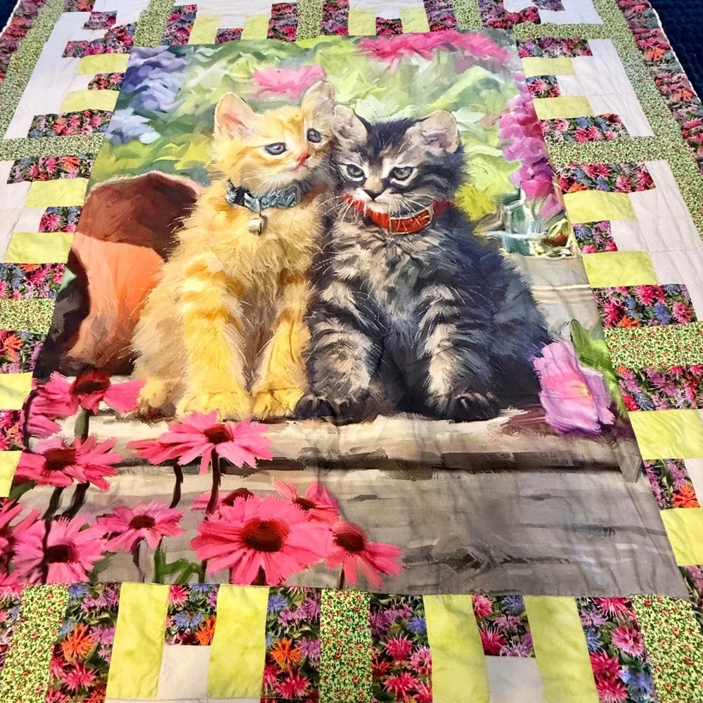 Quilt Two Adorable Kittens Pink Flowers Log Cabin Design Cozy Blanket 64